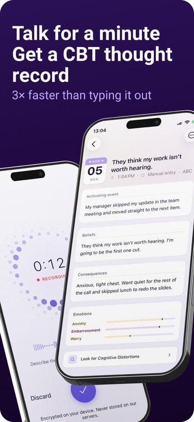 CBT Quest App Store screenshot: Talk for a minute, get a CBT thought record. A recording screen next to a finished thought record.