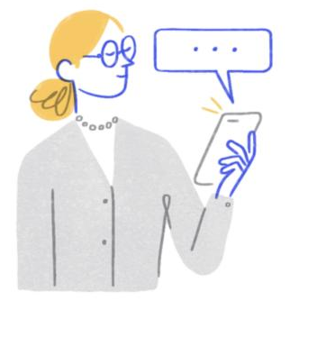 Illustration: a woman reading a reply on her phone, with a speech bubble.