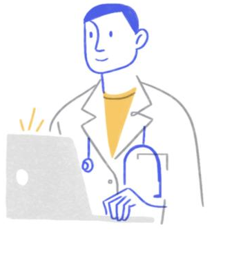 Illustration: a doctor in a white coat working at a laptop.