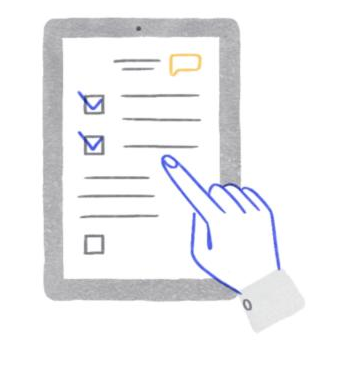 Illustration: a hand ticking boxes in a checklist on a tablet.